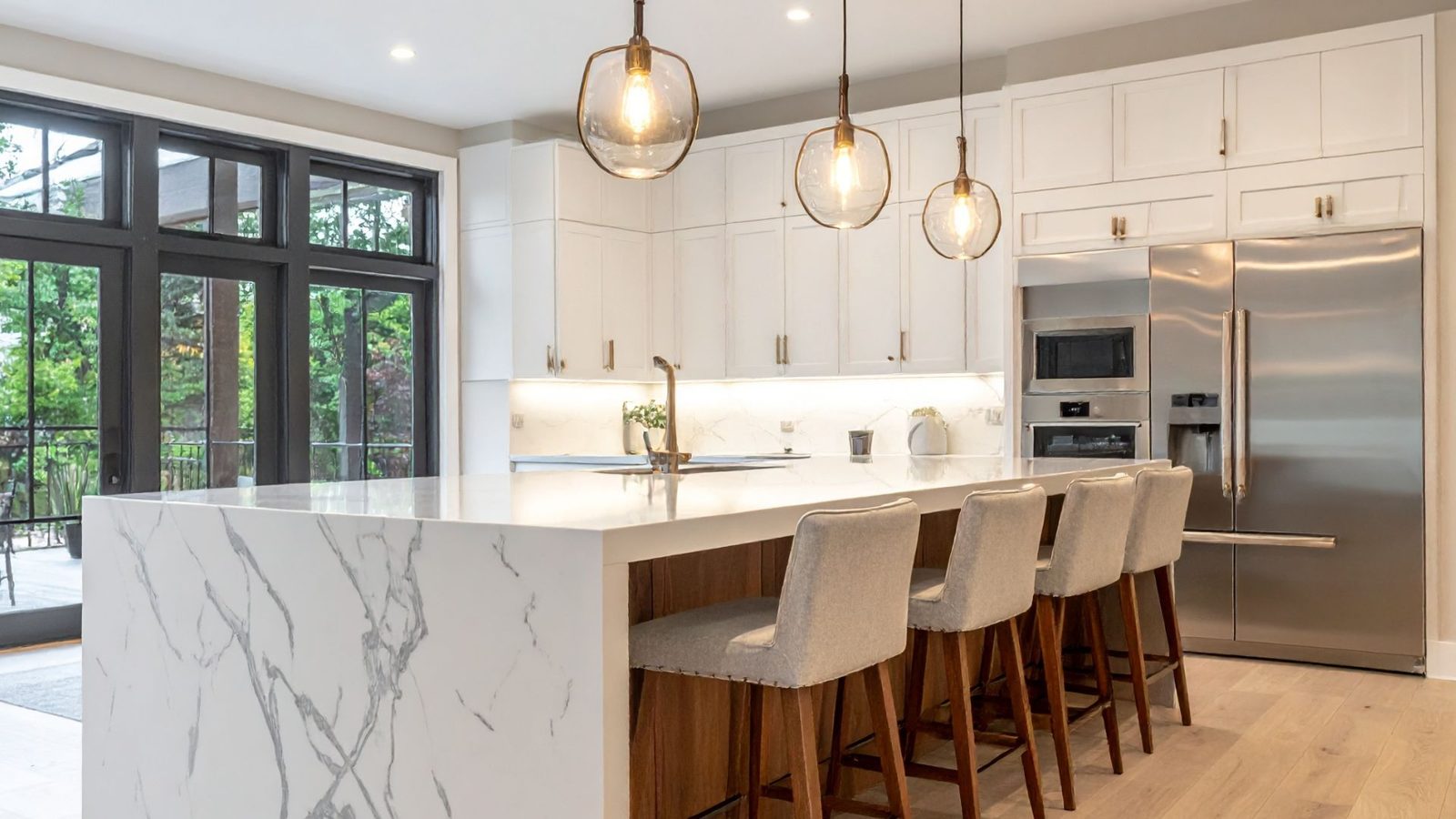 White kitchen with marble island and bar stools