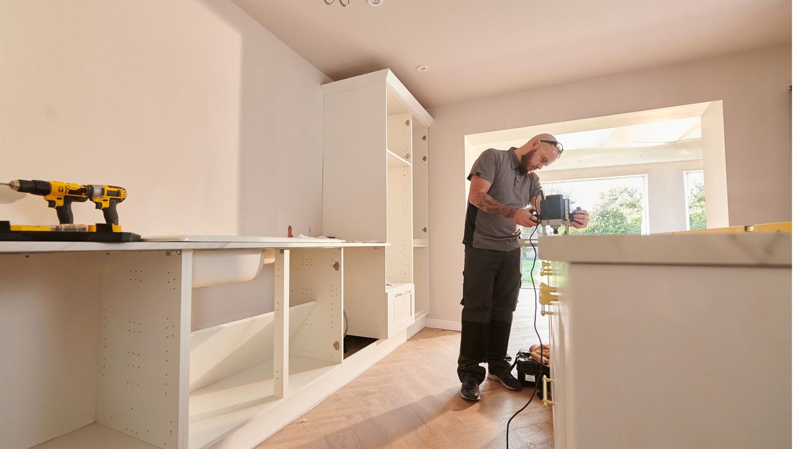 Kitchen units and services being fitted