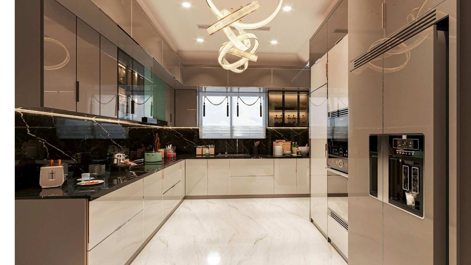 High-gloss kitchen with marble splashback